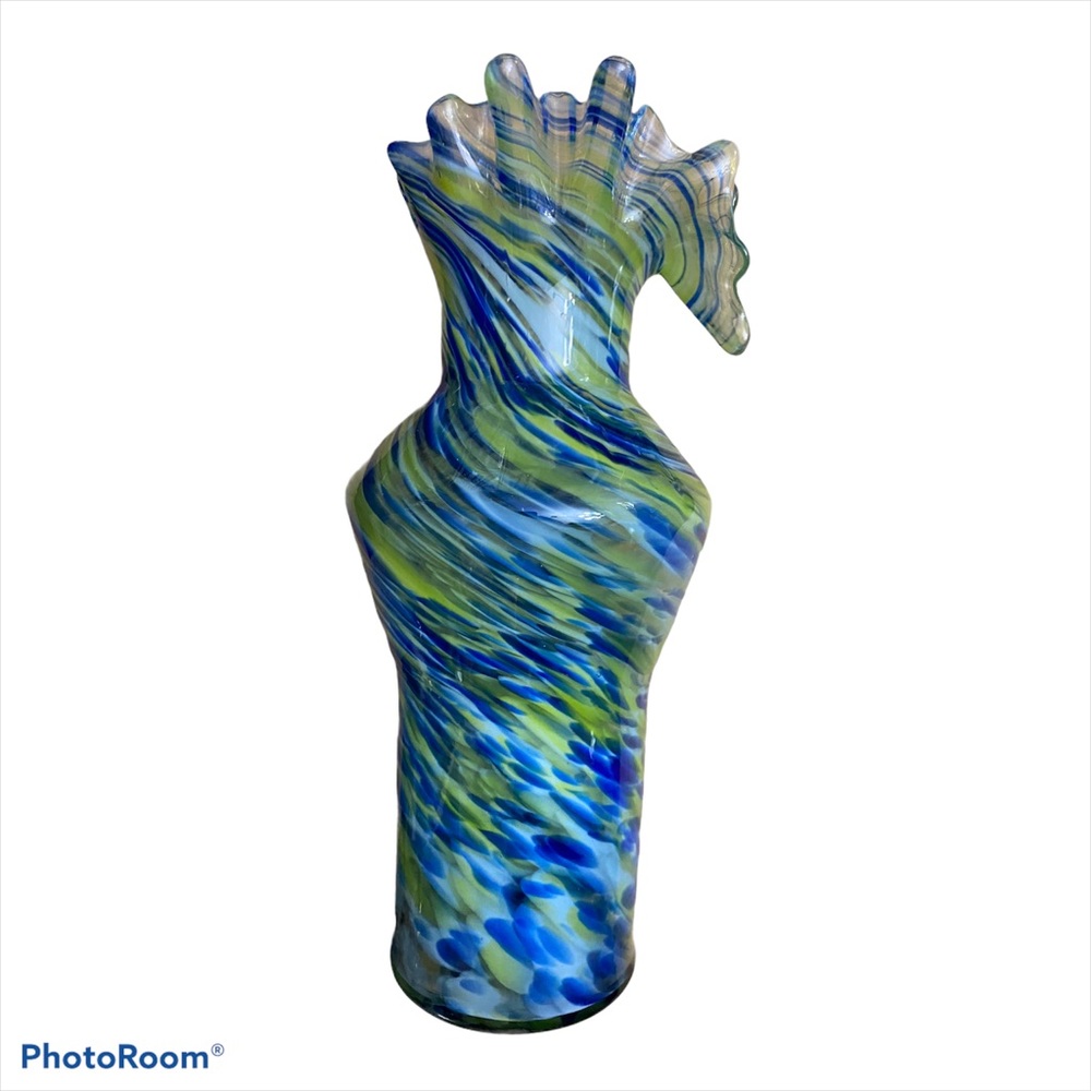 Blue Green swirl‎ ruffle top glass vase